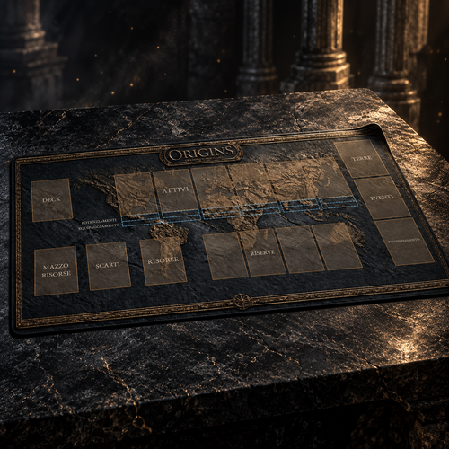 Playmat Origins TCG con mappa del mondo e aree di gioco dedicate