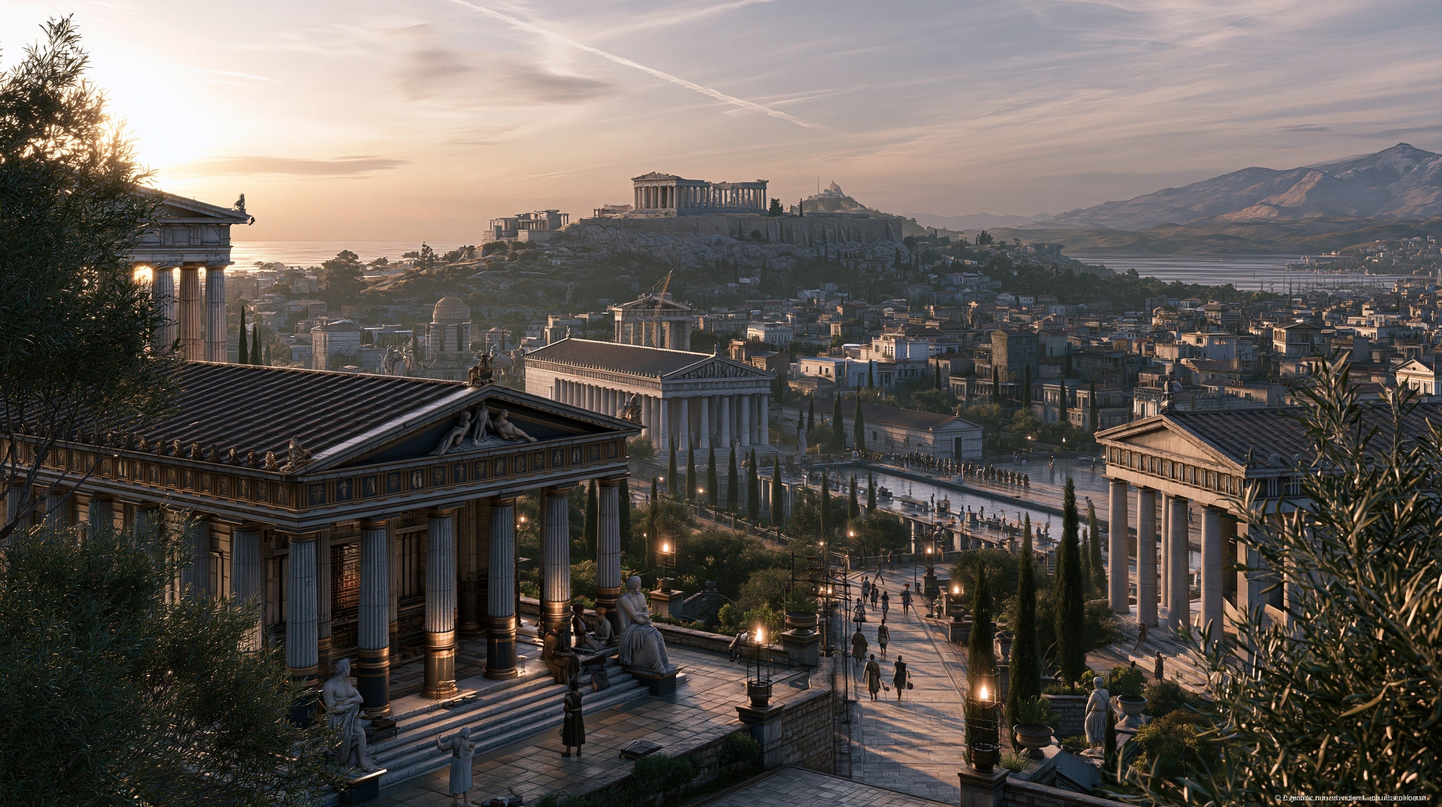 Illustrazione della civiltà greca in Origins Trading Card Game con eroi, templi e miti della Grecia antica.