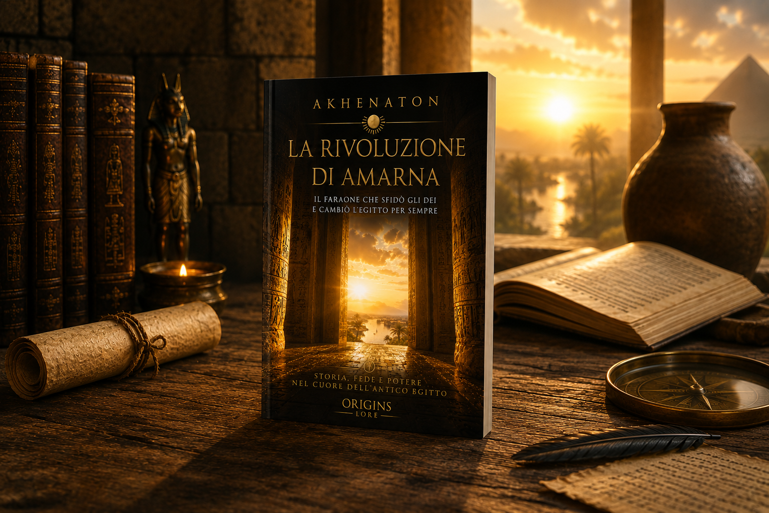 Copertina del libro Origins Lore dedicato ad Akhenaton, il faraone dell'Antico Egitto che introdusse il culto del dio Aton.