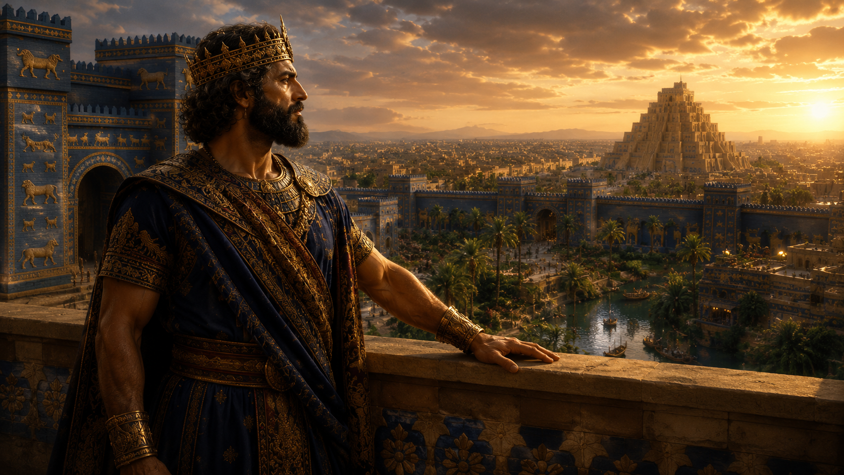 Illustrazione di Nabucodonosor II, re di Babilonia e protagonista della storia della Mesopotamia, nell'universo Origins Lore.