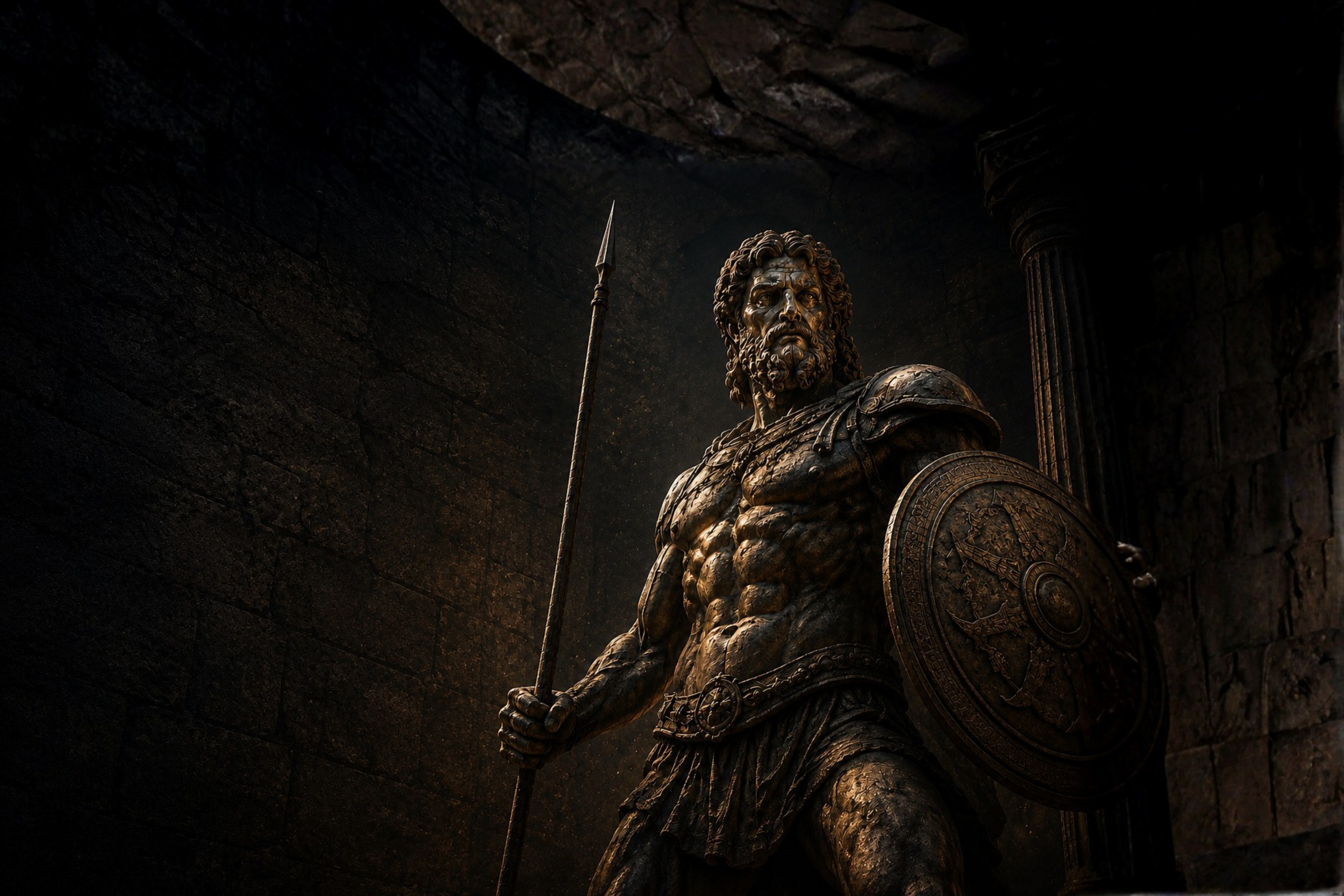 Guerriero dell'antica Grecia con lancia e scudo, rappresentazione del gameplay filologico di Origins Trading Card Game, basato su storia e mitologia.