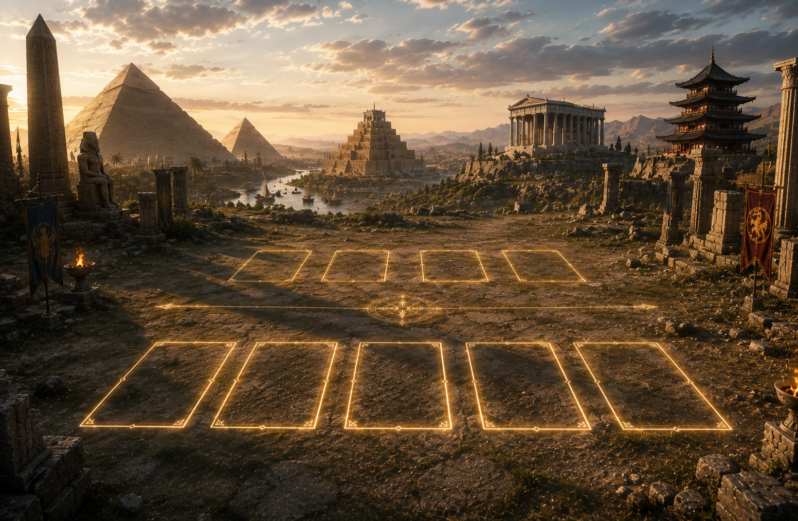 Campo di gioco di Origins TCG con zone per le carte tra piramidi, ziggurat, tempio greco e pagoda