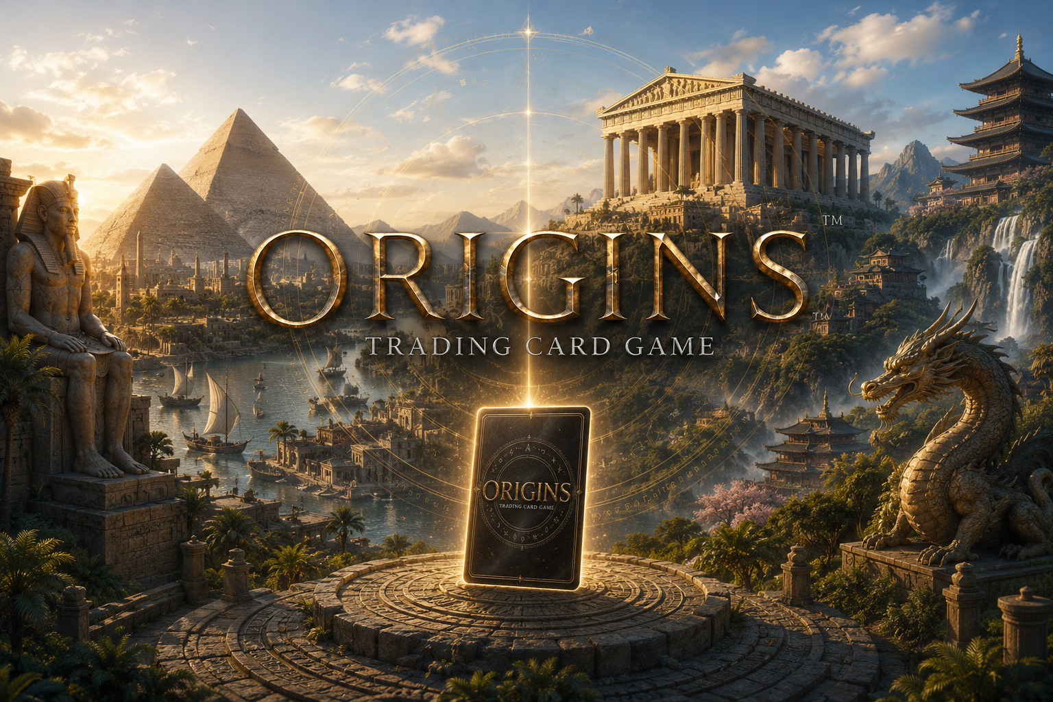 Origins Trading Card Game, TCG storico e mitologico con civiltà egizia, greca e cinese e carta Origins al centro