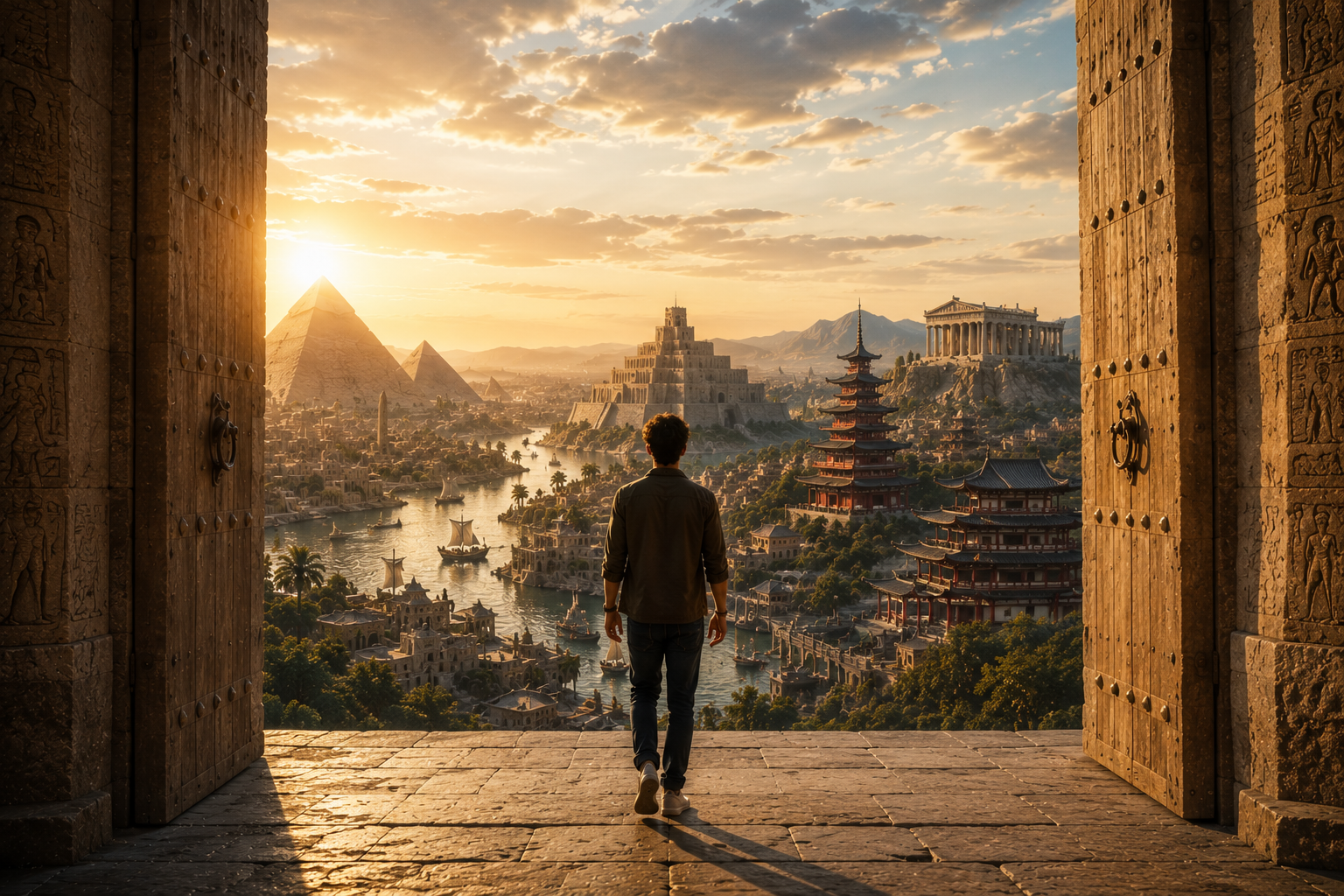 Ragazzo attraversa un portale verso le civiltà antiche di Origins, tra piramidi, ziggurat, tempio greco e pagoda