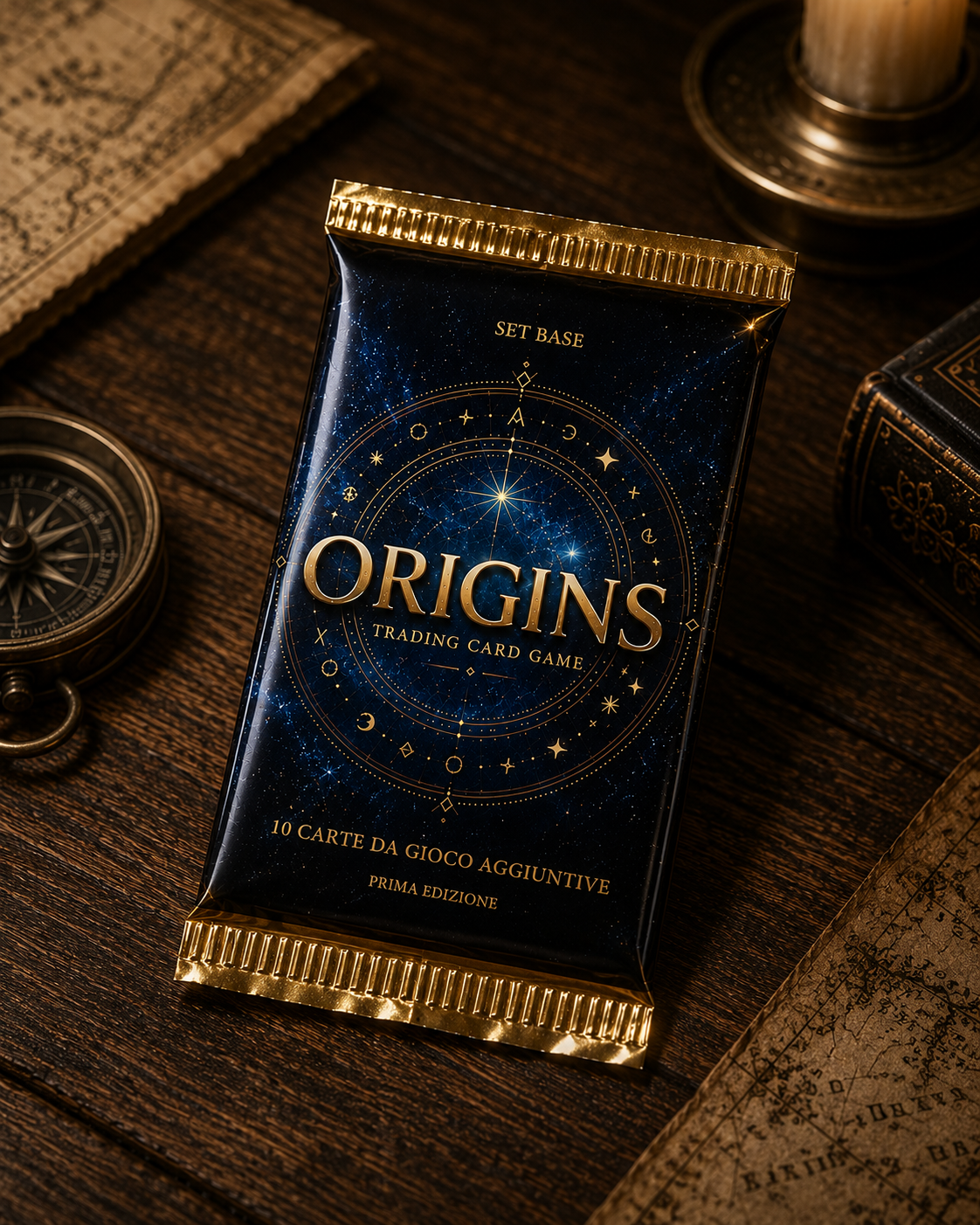 Pack della Set Base Prima Edizione di Origins Trading Card Game con carte collezionabili dedicate alla storia e alla mitologia.
